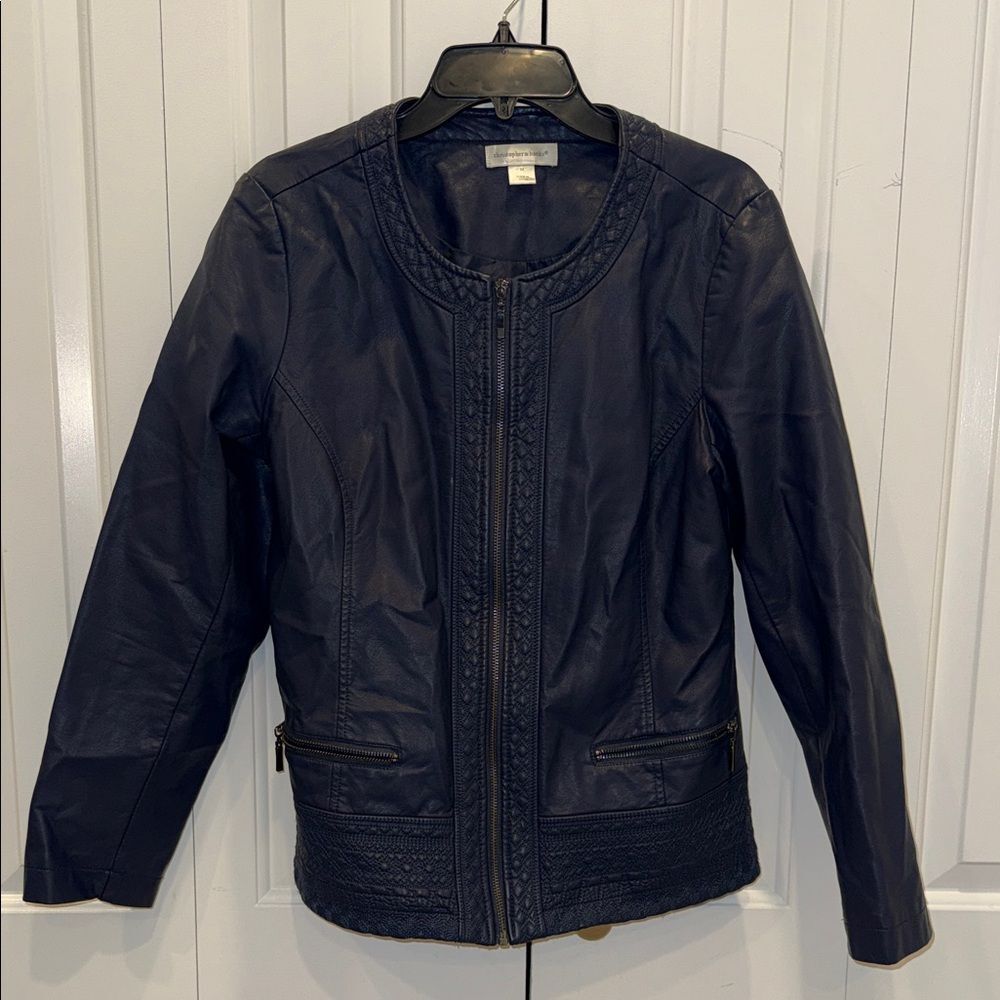 Christopher & Banks Navy Leather Zip Jacket with Braided Trim
